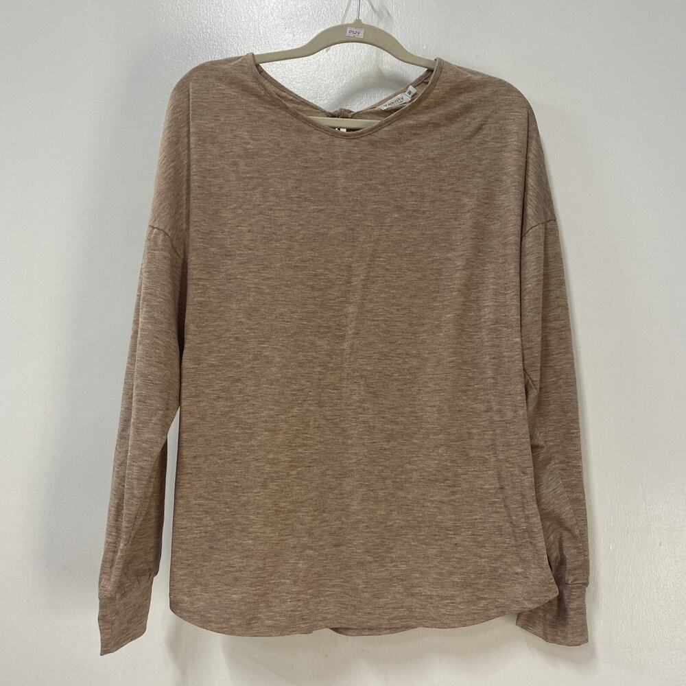 Yekaty Women's Long Sleeved Beige Pullover V-Neck Top With Lace Up Back Size M